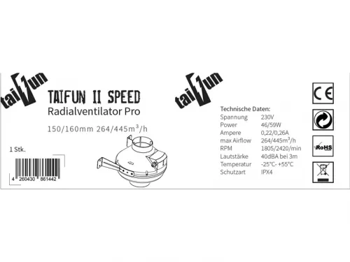 Taifun II Speed Radialventilator Pro 150/160mm 264/445m³/h